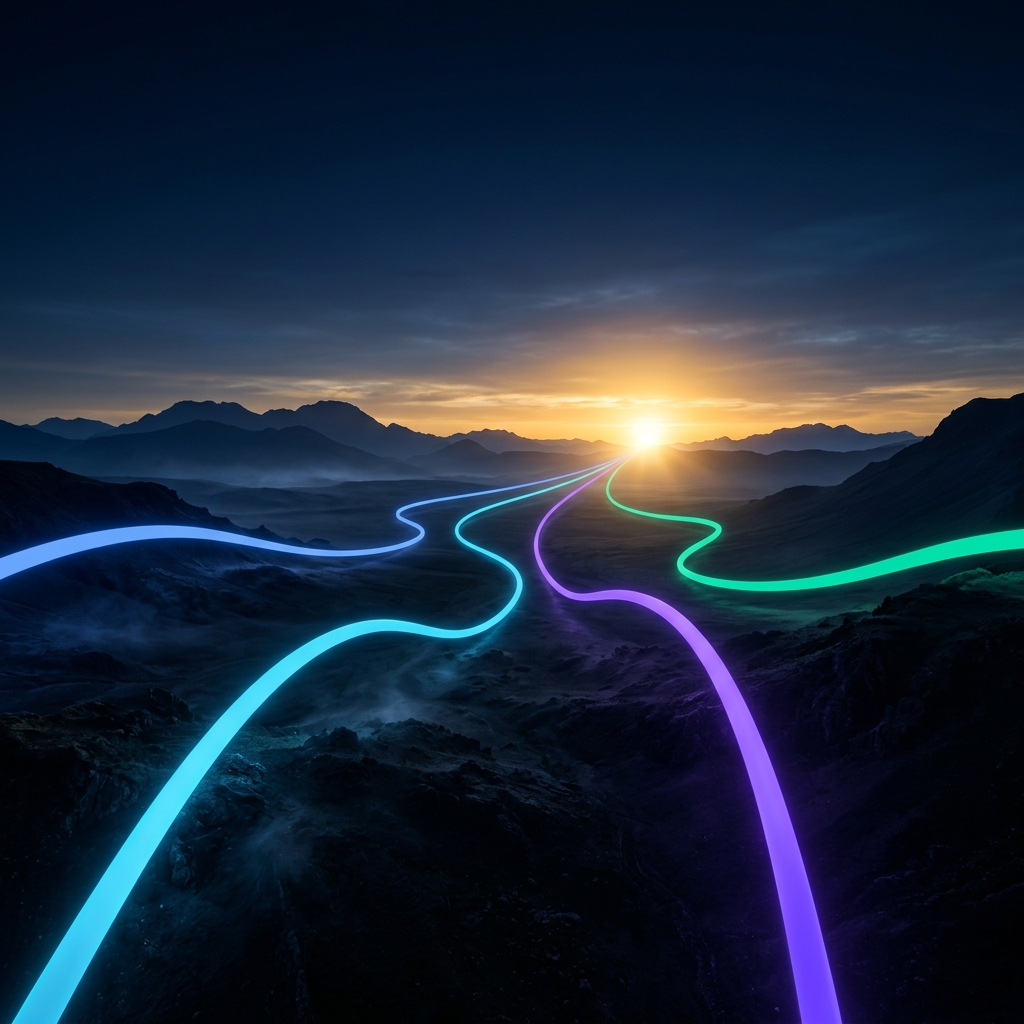 Dramatic dawn landscape with converging luminous paths toward a bright sunrise horizon
